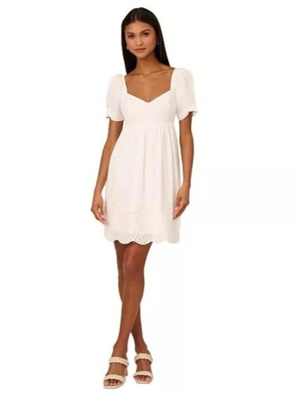 Adrianna Papell White Puff-Sleeve Eyelet Mini Dress